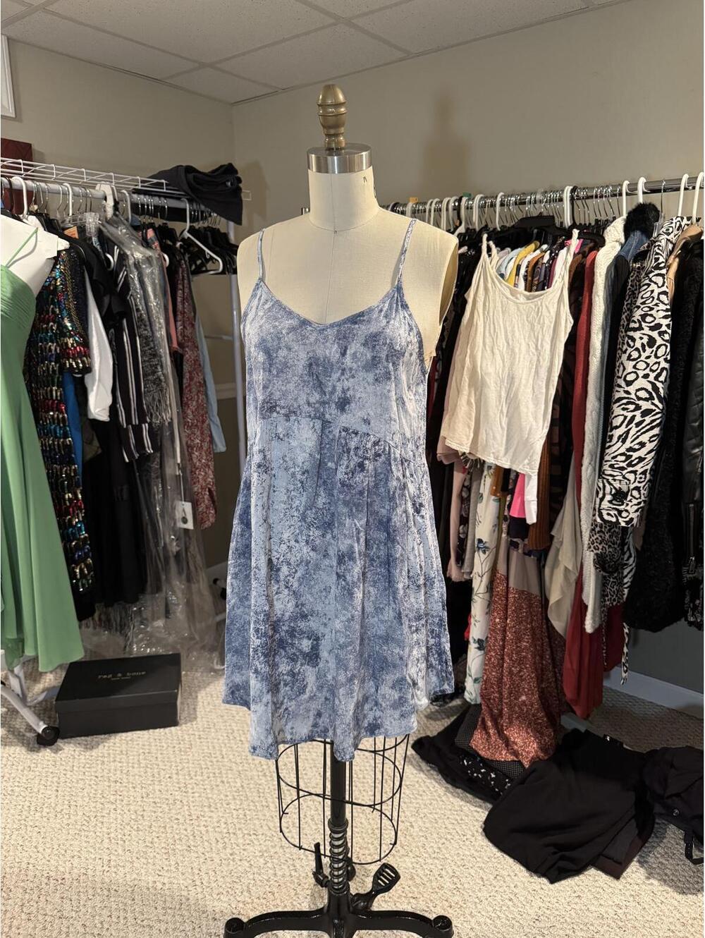 Blue Tie-Dye Spaghetti Strap Mini Baby Doll Dress with Crisscross Back - Small